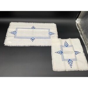 1950s Hand-Embroidered Korean Doily Pair with Blue Motif, Cottage Industry Label